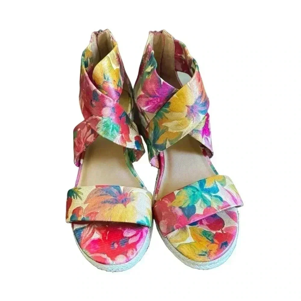 Patricia Nash leather floral “Rubia” espadrille wedge sandals in Spring Multi